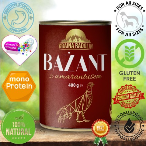 Kraina Radolin Bażant i amarantus 400g 84% mięsa dla psów z alergią i nadwrażliwością pokarmową karma mokra puszka Kraina Radolin Bażant i amarantus 400g 84% mięsa dla psów z alergią i nadwrażliwością pokarmową karma mokra puszka
