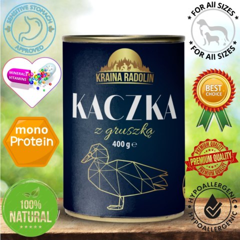 Kraina Radolin Kaczka z gruszką 400g 80% mięsa dla psów alergików z nadwrażliwością pokarmową puszka karma mokra Kraina Radolin Kaczka z gruszką 400g 80% mięsa dla psów alergików z nadwrażliwością pokarmową puszka karma mokra